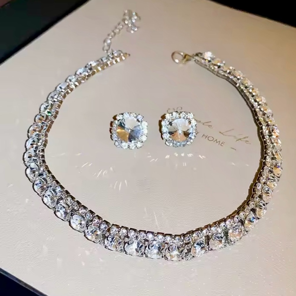 Crystal Tennis Necklace and Stud Earrings Set - Clear